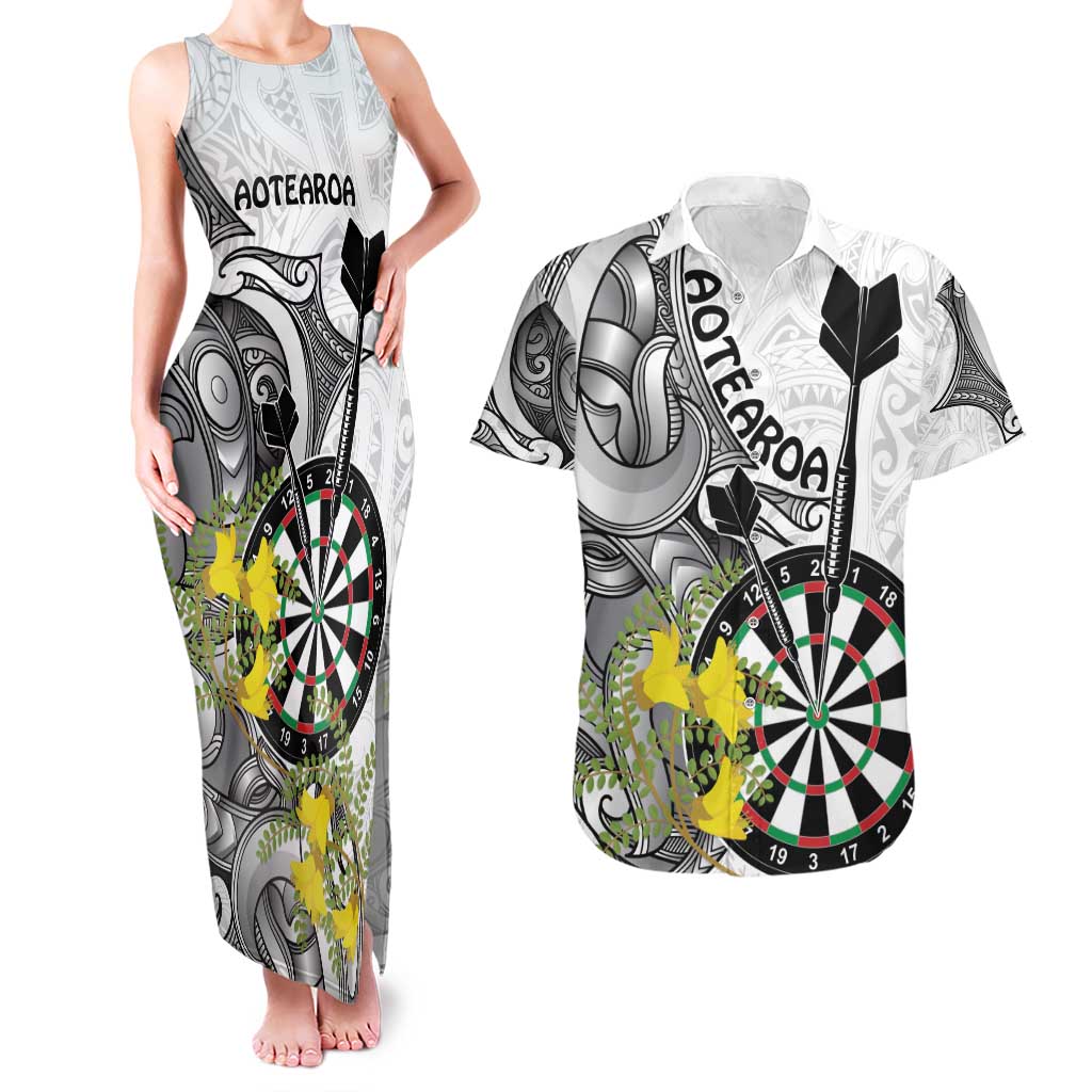 Personalised New Zealand Darts Couples Matching Tank Maxi Dress and Hawaiian Shirt Kowhai Floral with Maori Tattoo