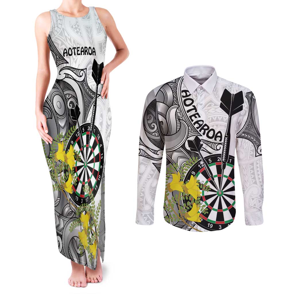 Personalised New Zealand Darts Couples Matching Tank Maxi Dress and Long Sleeve Button Shirt Kowhai Floral with Maori Tattoo