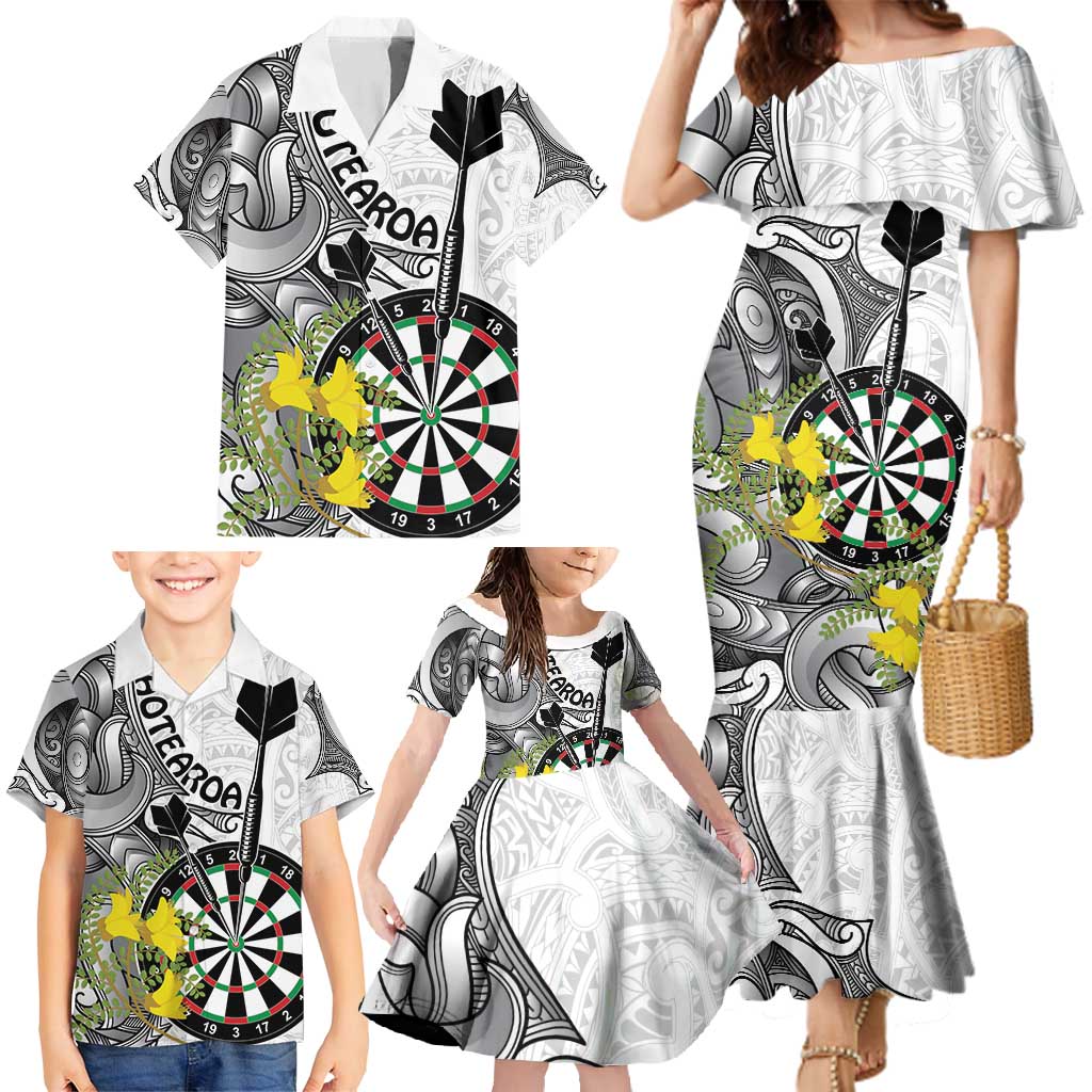 Personalised New Zealand Darts Family Matching Mermaid Dress and Hawaiian Shirt Kowhai Floral with Maori Tattoo