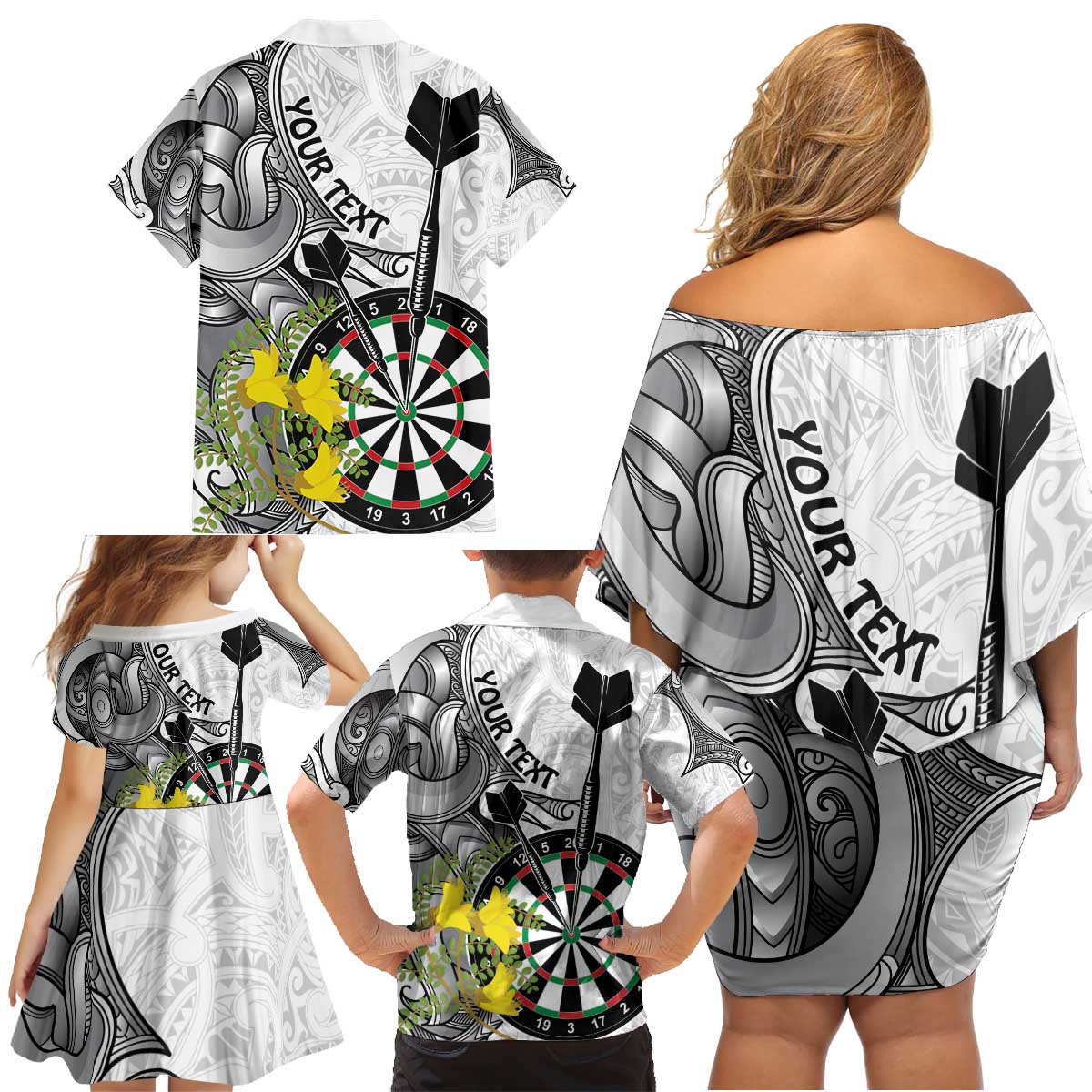 Personalised New Zealand Darts Family Matching Off Shoulder Short Dress and Hawaiian Shirt Kowhai Floral with Maori Tattoo