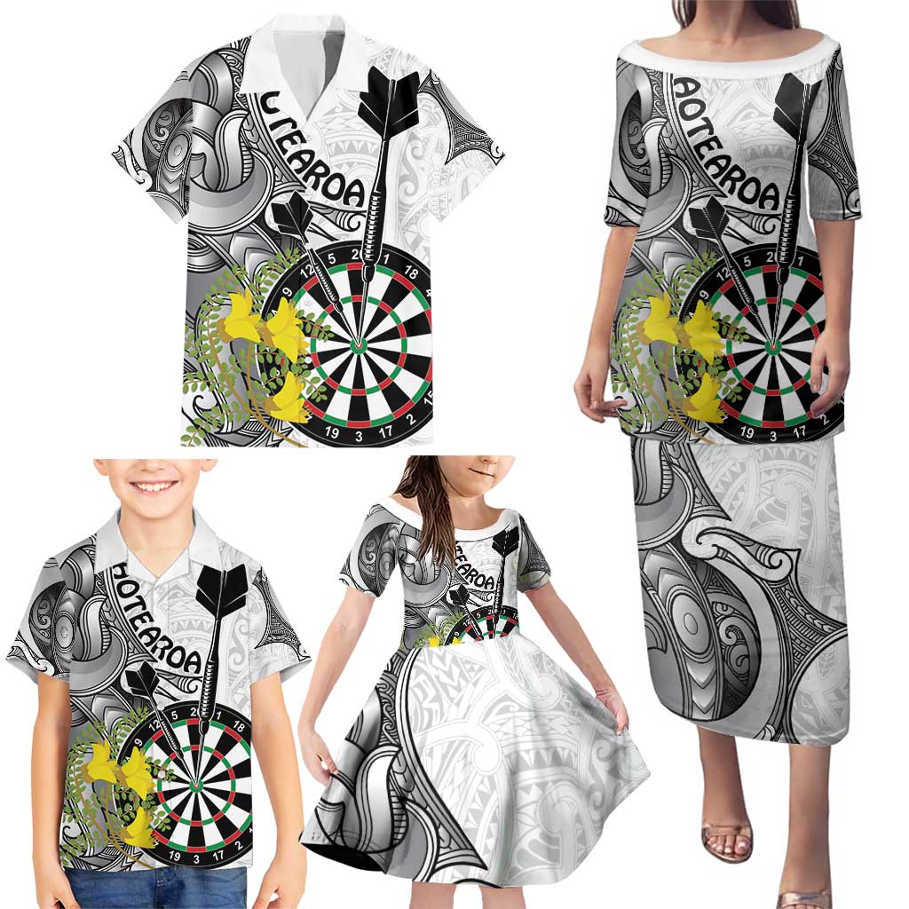 Personalised New Zealand Darts Family Matching Puletasi and Hawaiian Shirt Kowhai Floral with Maori Tattoo