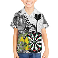 Personalised New Zealand Darts Family Matching Puletasi and Hawaiian Shirt Kowhai Floral with Maori Tattoo LT9 Son's Shirt Black - Polynesian Pride