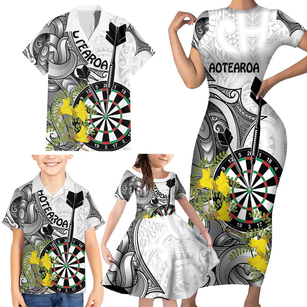 Personalised New Zealand Darts Family Matching Short Sleeve Bodycon Dress and Hawaiian Shirt Kowhai Floral with Maori Tattoo