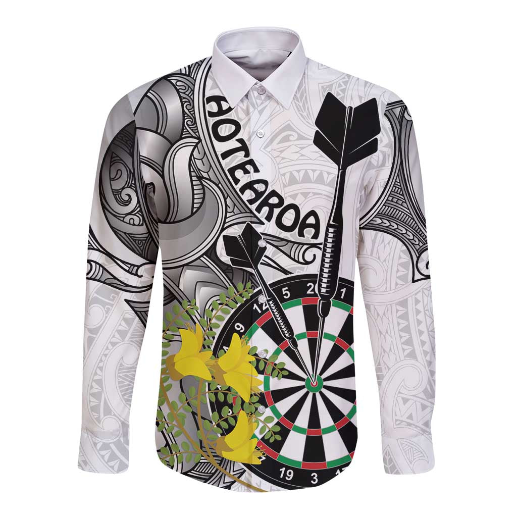 Personalised New Zealand Darts Long Sleeve Button Shirt Kowhai Floral with Maori Tattoo