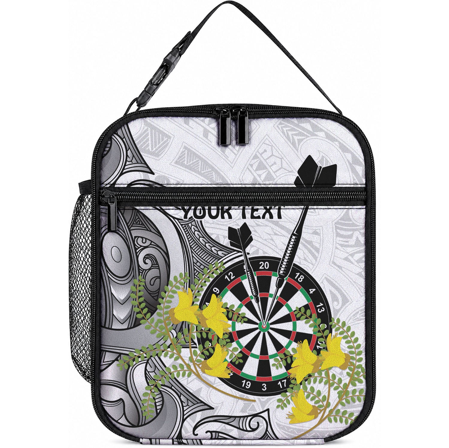 Personalised New Zealand Darts Lunch Bag Kowhai Floral with Maori Tattoo LT9 10.2 × 8.3 × 4.3 inch Black - Polynesian Pride