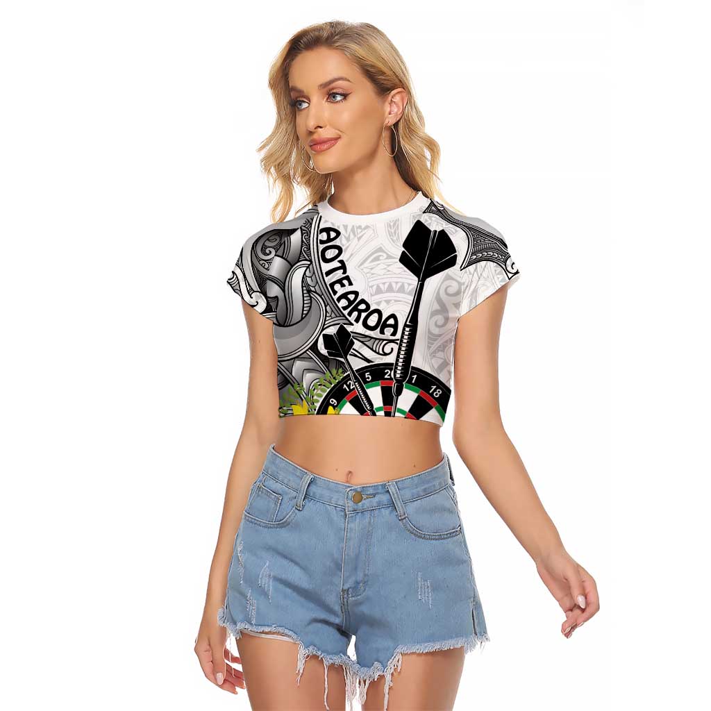 Personalised New Zealand Darts Raglan Cropped T Shirt Kowhai Floral with Maori Tattoo LT9 Female Black - Polynesian Pride