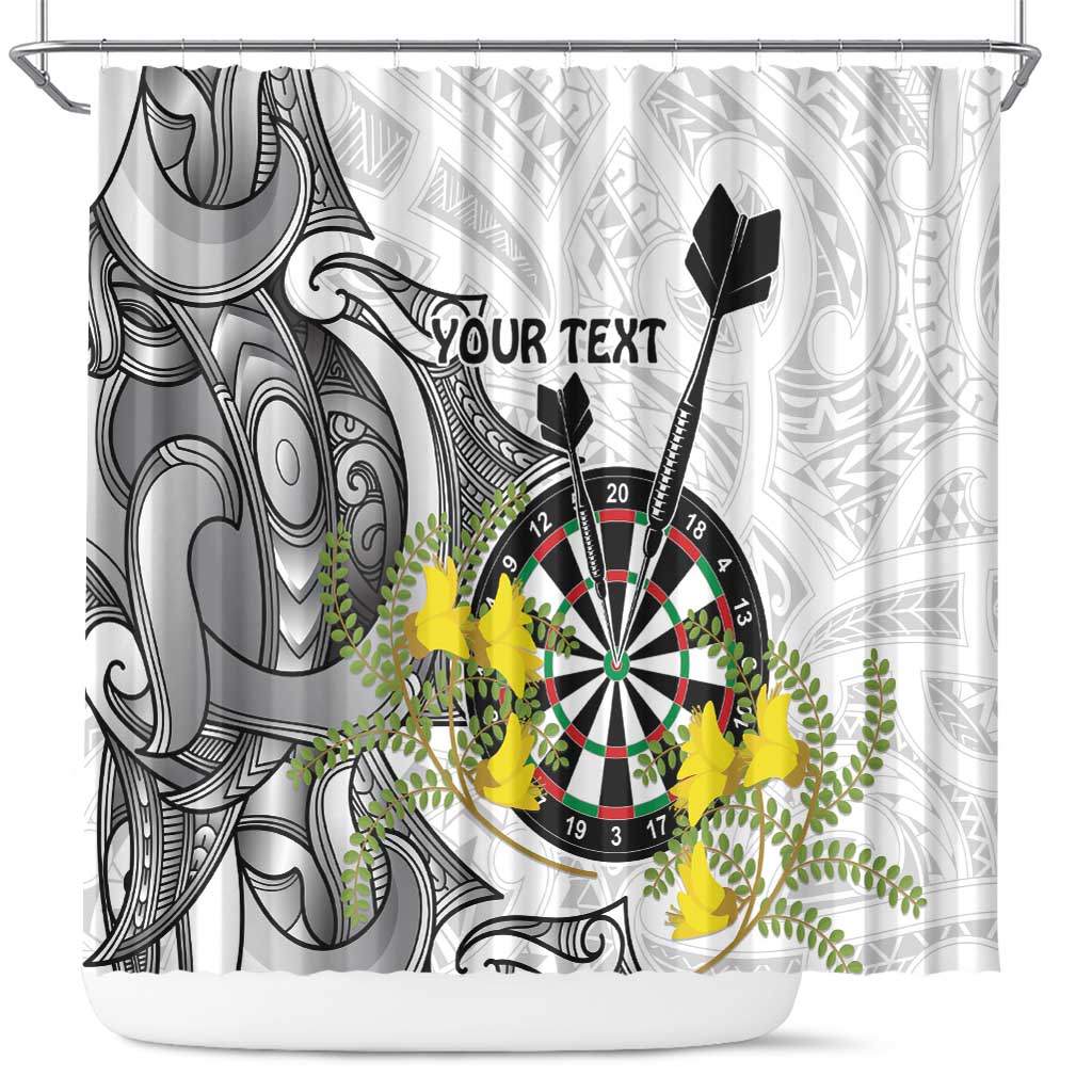 Personalised New Zealand Darts Shower Curtain Kowhai Floral with Maori Tattoo