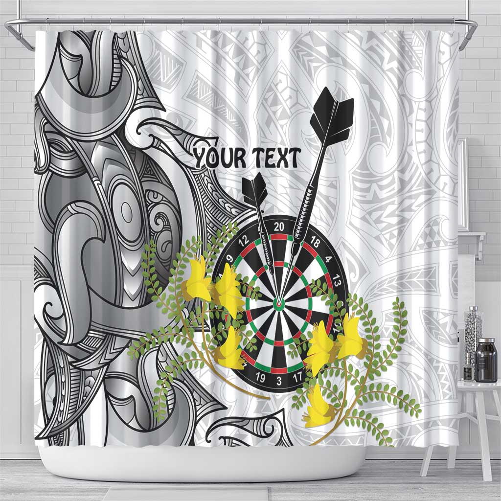 Personalised New Zealand Darts Shower Curtain Kowhai Floral with Maori Tattoo