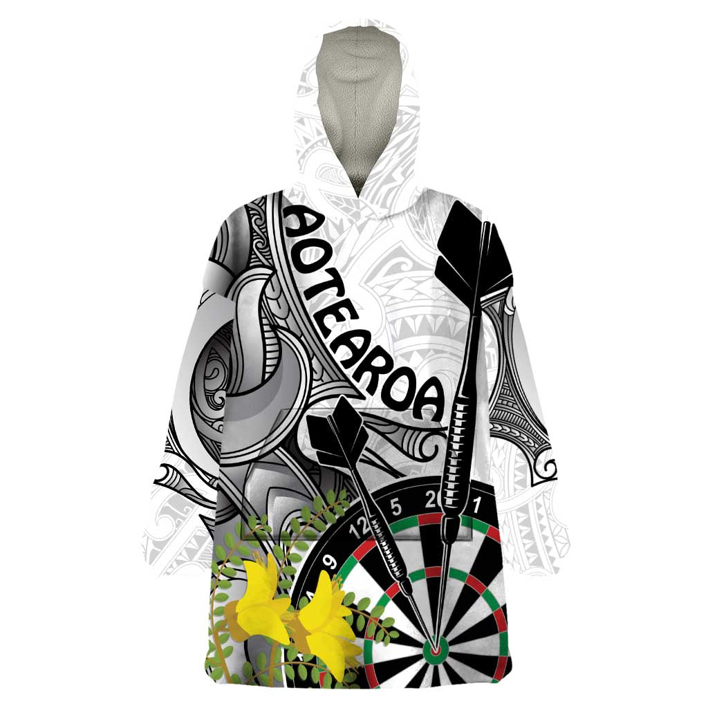 Personalised New Zealand Darts Wearable Blanket Hoodie Kowhai Floral with Maori Tattoo