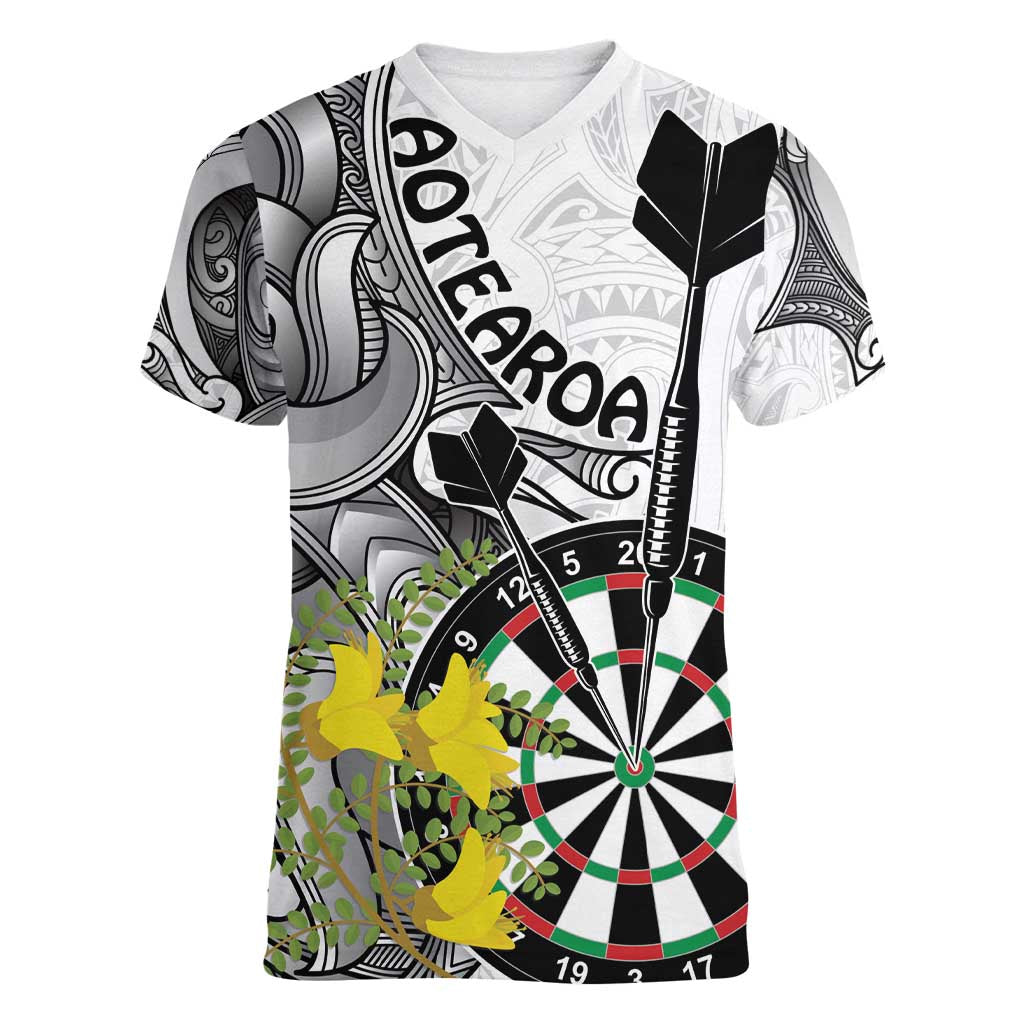 Personalised New Zealand Darts Women V-Neck T-Shirt Kowhai Floral with Maori Tattoo