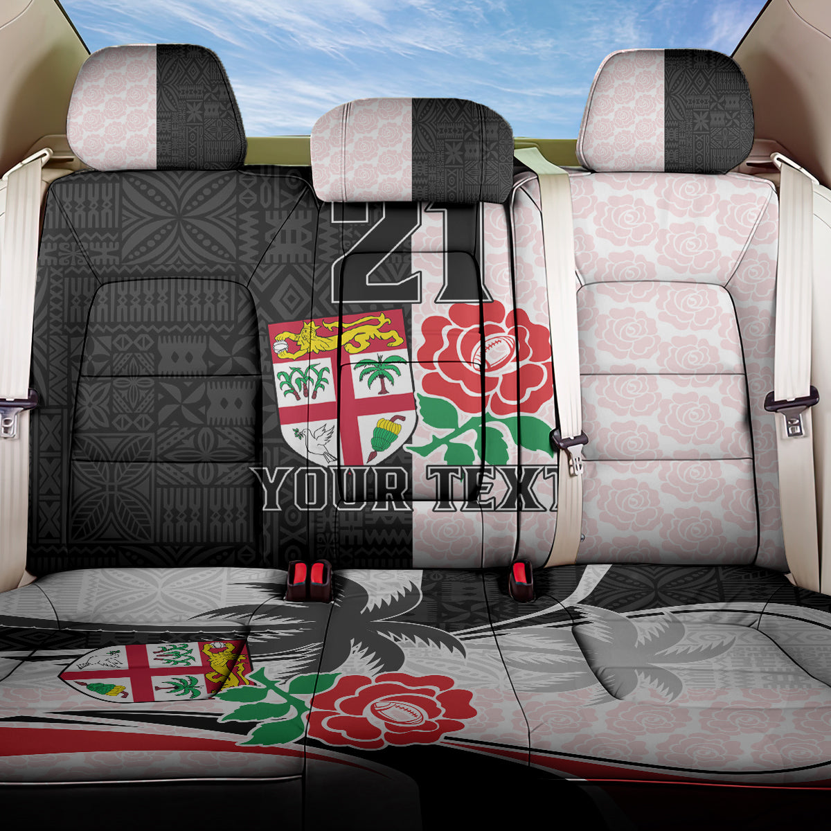 Custom Fiji England Rugby Back Car Seat Cover Tapa Pattern and Rose Flower World Cup 2023