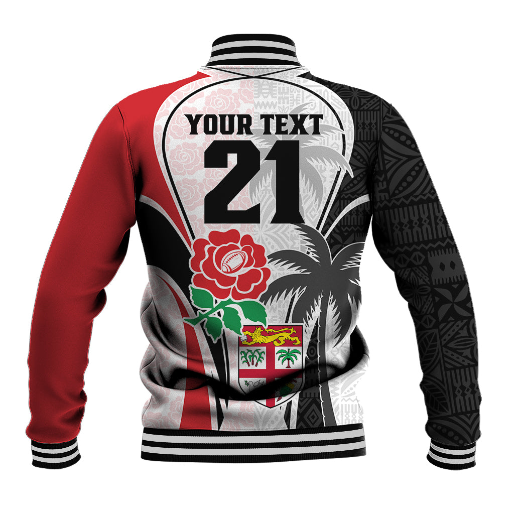 Custom Fiji England Rugby Baseball Jacket Tapa Pattern and Rose Flower World Cup 2023 LT9 - Polynesian Pride