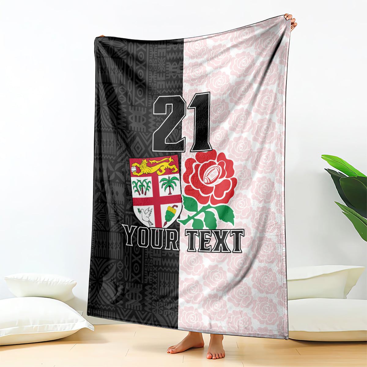 Custom Fiji England Rugby Blanket Tapa Pattern and Rose Flower World Cup 2023 LT9 White - Polynesian Pride