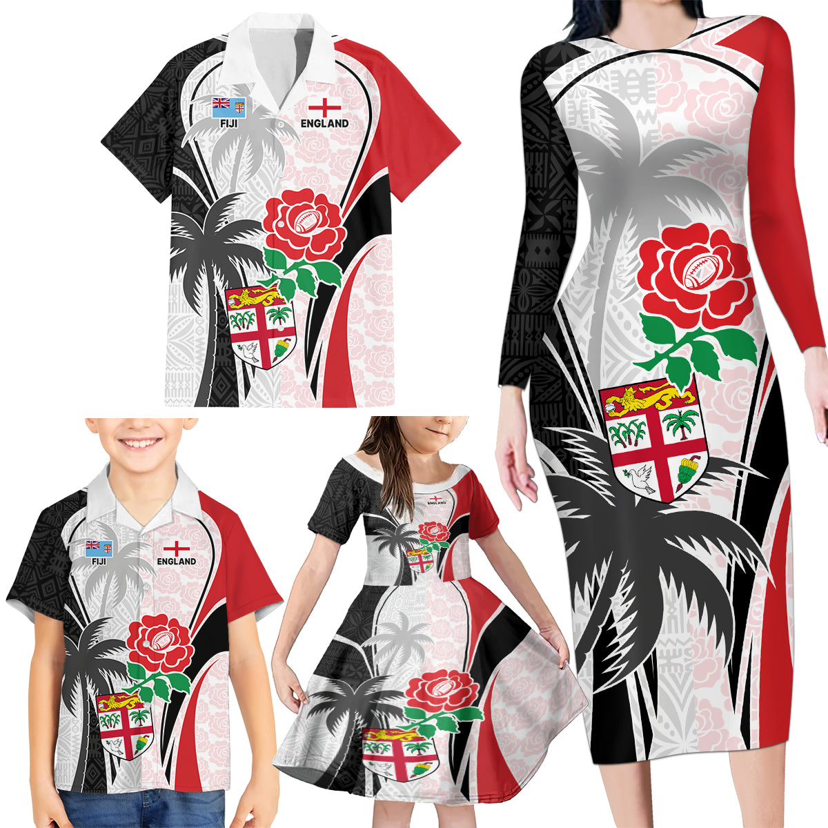 Custom Fiji England Rugby Family Matching Long Sleeve Bodycon Dress and Hawaiian Shirt Tapa Pattern and Rose Flower World Cup 2023 LT9 - Polynesian Pride