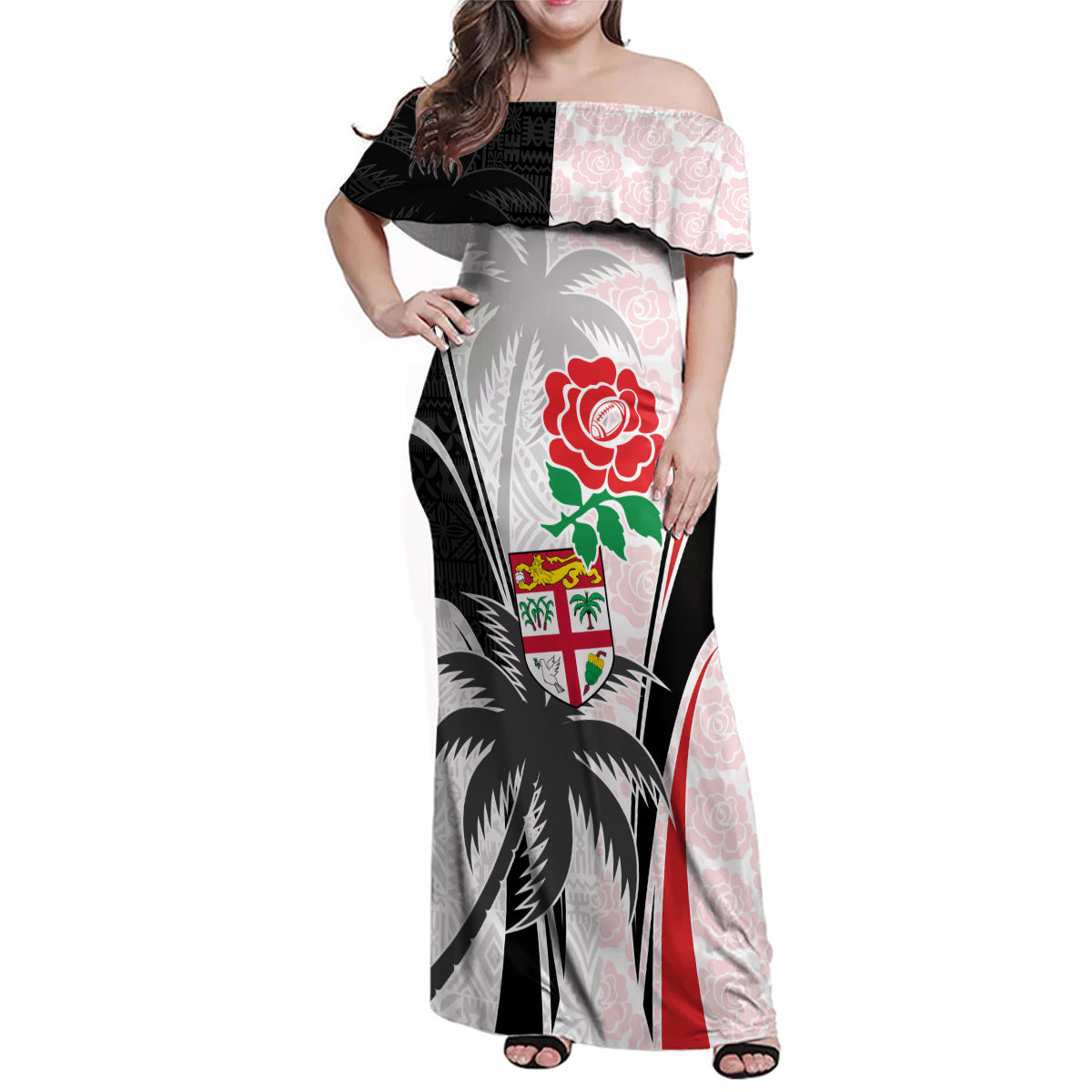 Custom Fiji England Rugby Family Matching Off Shoulder Maxi Dress and Hawaiian Shirt Tapa Pattern and Rose Flower World Cup 2023 LT9 Mom's Dress White - Polynesian Pride