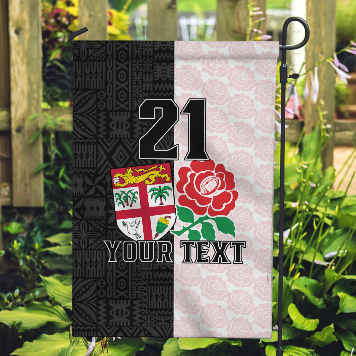 Custom Fiji England Rugby Garden Flag Tapa Pattern and Rose Flower World Cup 2023 LT9 Garden Flag White - Polynesian Pride