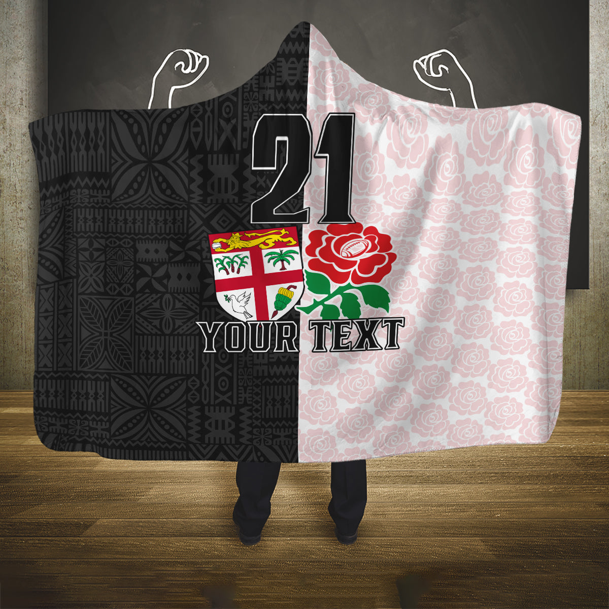 Custom Fiji England Rugby Hooded Blanket Tapa Pattern and Rose Flower World Cup 2023 LT9 One Size White - Polynesian Pride