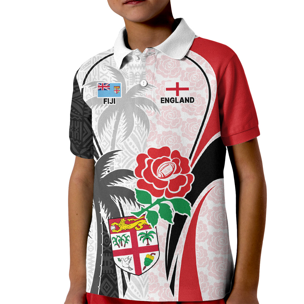 Custom Fiji England Rugby Kid Polo Shirt Tapa Pattern and Rose Flower World Cup 2023 LT9 Kid White - Polynesian Pride