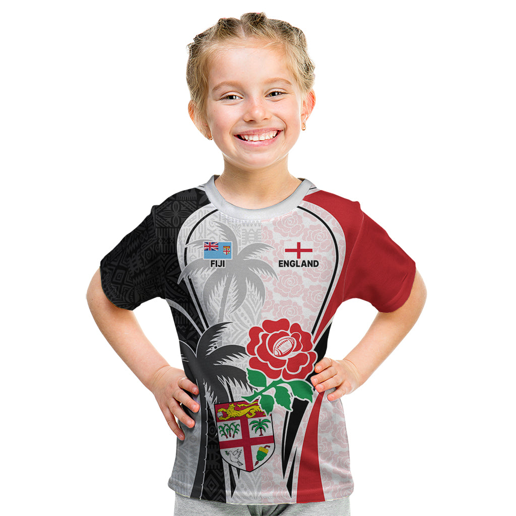 Custom Fiji England Rugby Kid T Shirt Tapa Pattern and Rose Flower World Cup 2023 LT9 White - Polynesian Pride