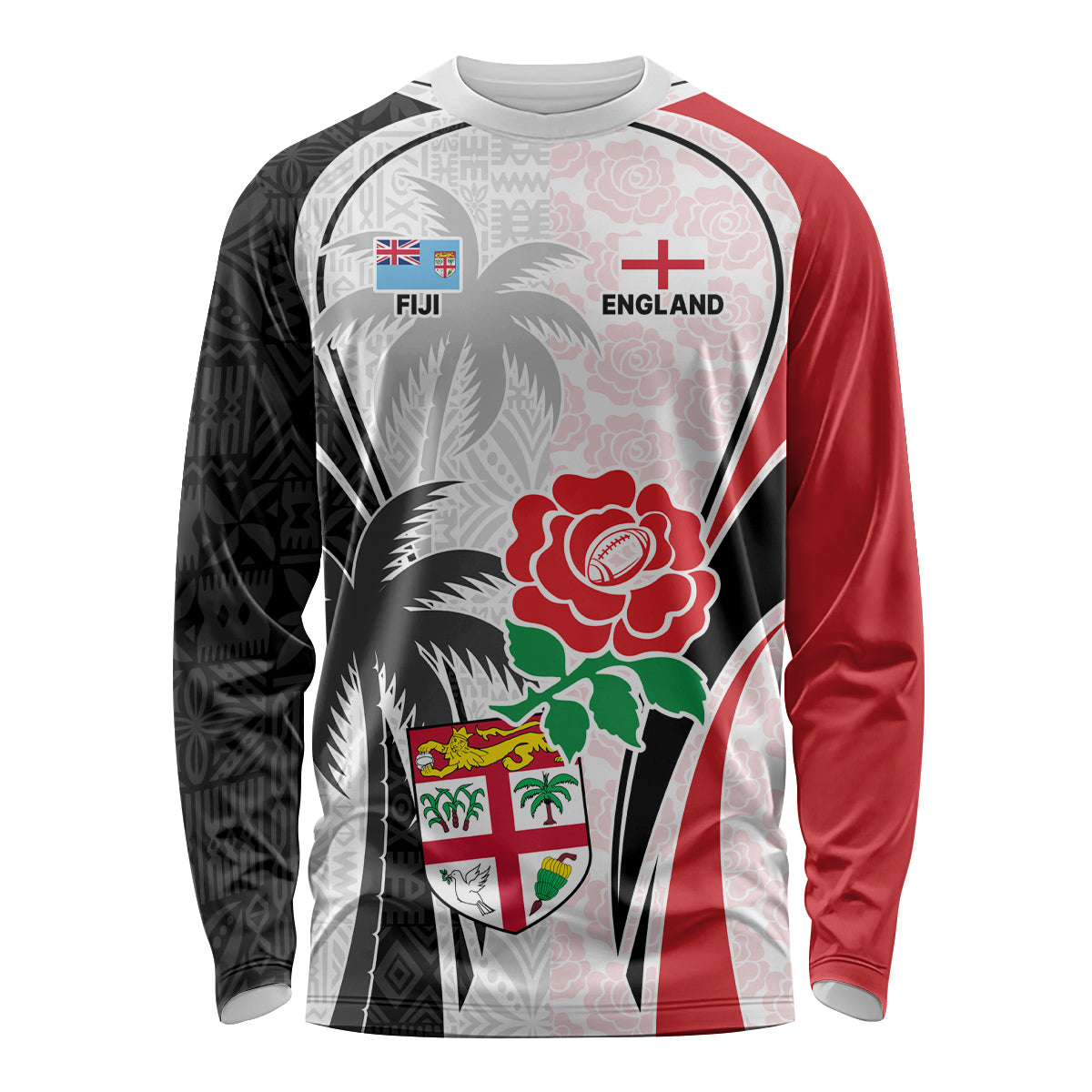 Custom Fiji England Rugby Long Sleeve Shirt Tapa Pattern and Rose Flower World Cup 2023 LT9 Unisex White - Polynesian Pride