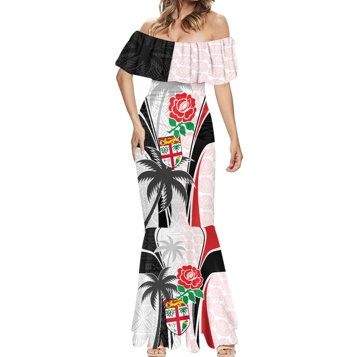 Custom Fiji England Rugby Mermaid Dress Tapa Pattern and Rose Flower World Cup 2023 LT9 - Polynesian Pride