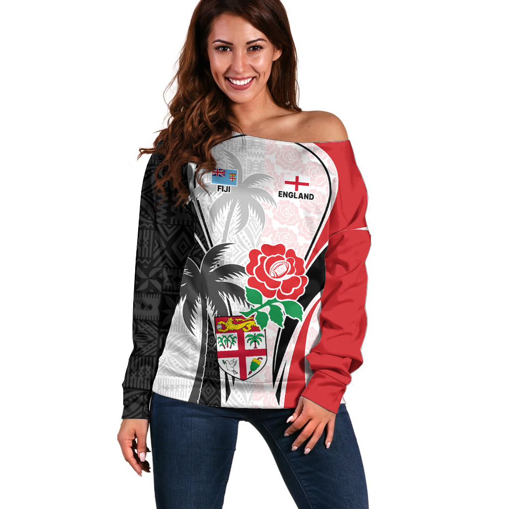 Custom Fiji England Rugby Off Shoulder Sweater Tapa Pattern and Rose Flower World Cup 2023 LT9 Women White - Polynesian Pride