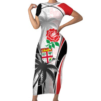 Custom Fiji England Rugby Short Sleeve Bodycon Dress Tapa Pattern and Rose Flower World Cup 2023 LT9 Long Dress White - Polynesian Pride