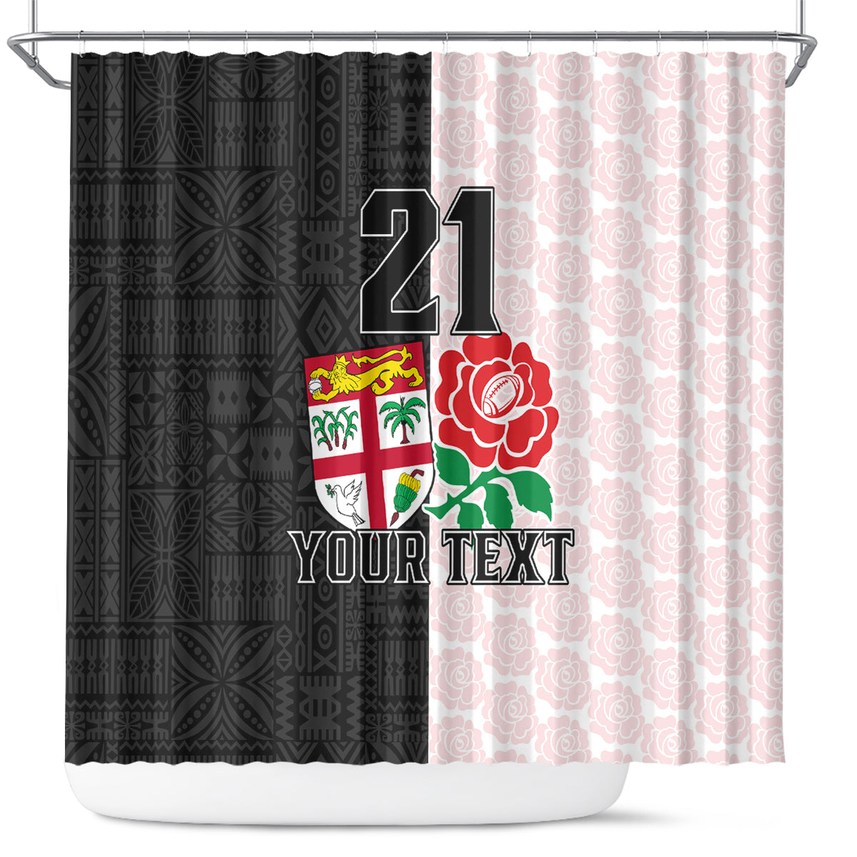 Custom Fiji England Rugby Shower Curtain Tapa Pattern and Rose Flower World Cup 2023 LT9 White - Polynesian Pride