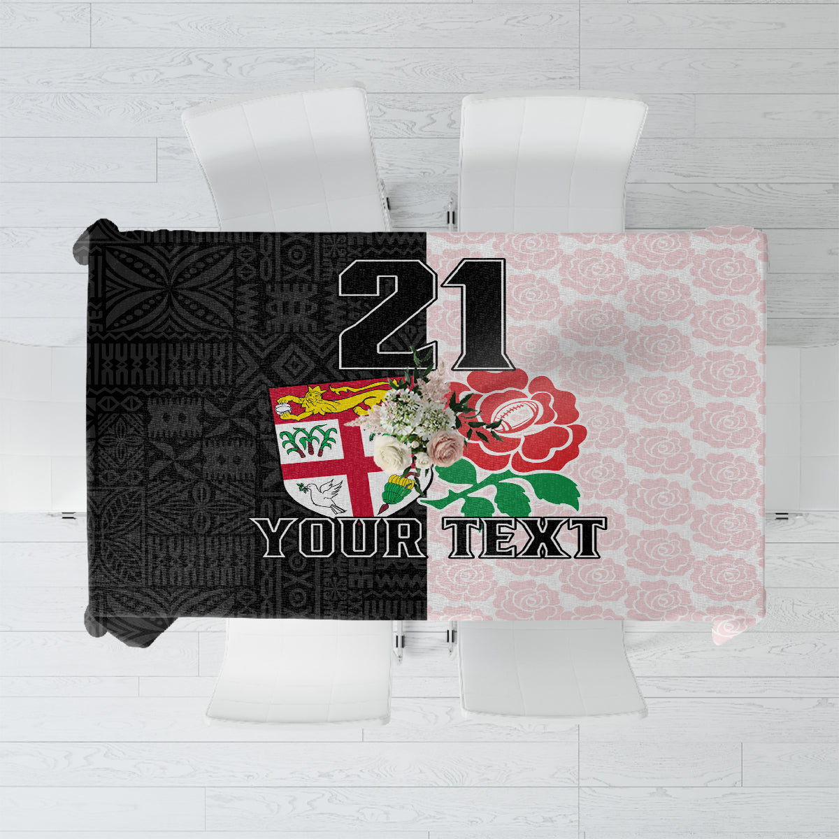 Custom Fiji England Rugby Tablecloth Tapa Pattern and Rose Flower World Cup 2023 LT9 White - Polynesian Pride