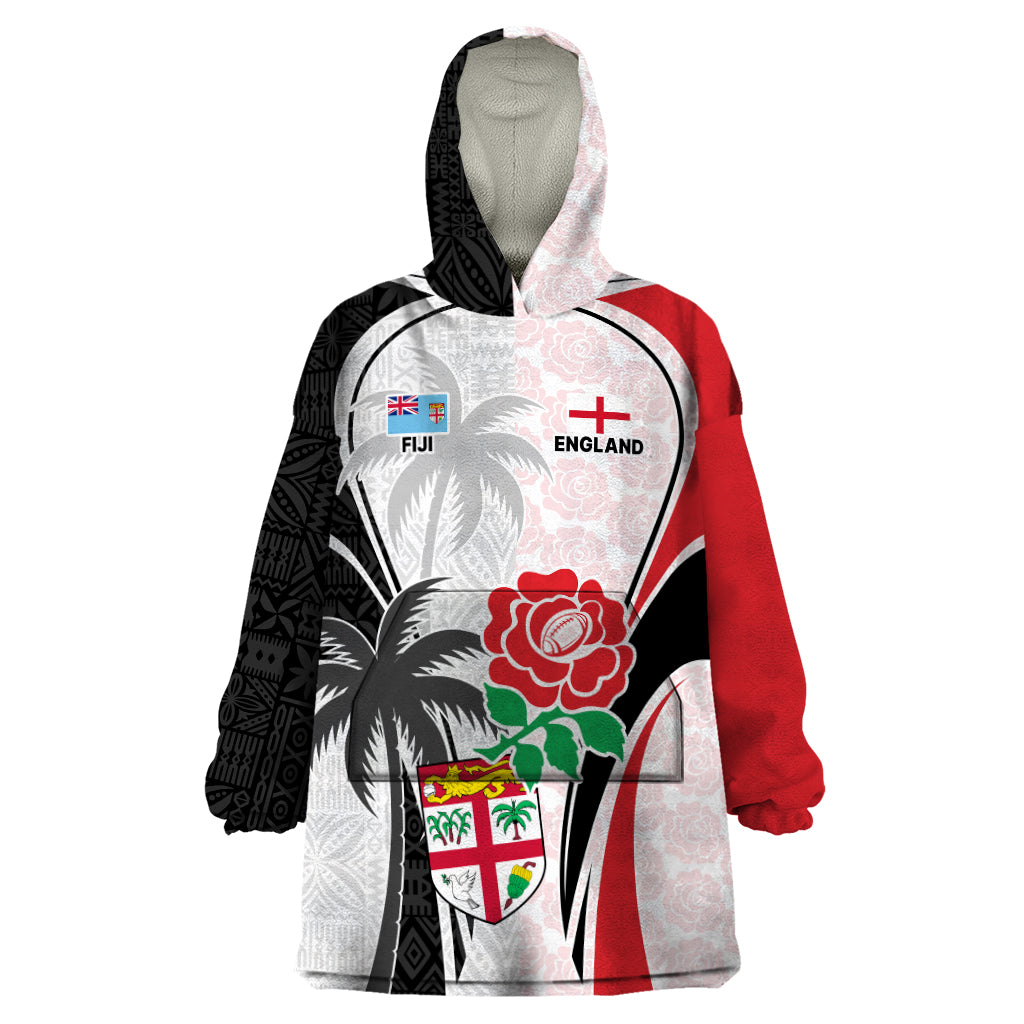 Custom Fiji England Rugby Wearable Blanket Hoodie Tapa Pattern and Rose Flower World Cup 2023 LT9 One Size White - Polynesian Pride