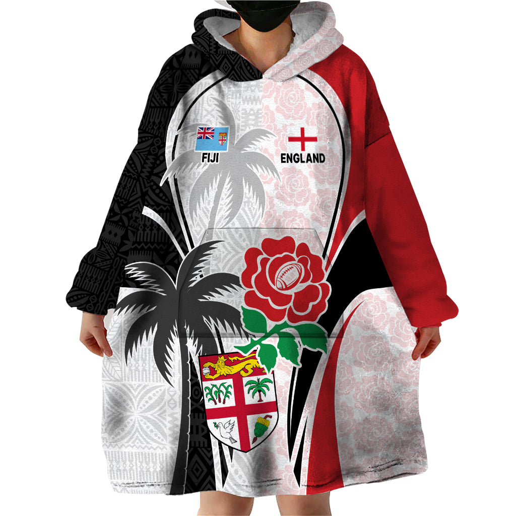 Custom Fiji England Rugby Wearable Blanket Hoodie Tapa Pattern and Rose Flower World Cup 2023 LT9 - Polynesian Pride