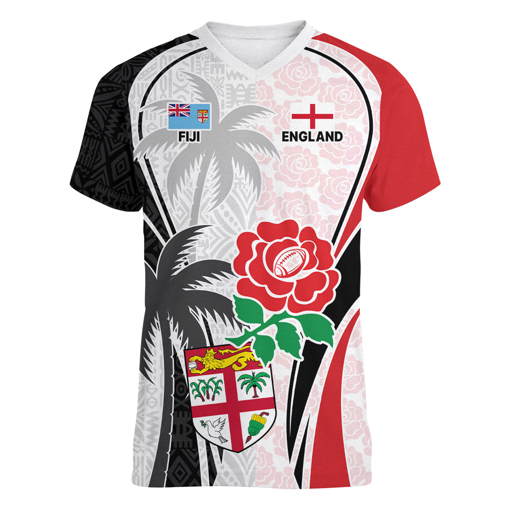Custom Fiji England Rugby Women V Neck T Shirt Tapa Pattern and Rose Flower World Cup 2023 LT9 Female White - Polynesian Pride