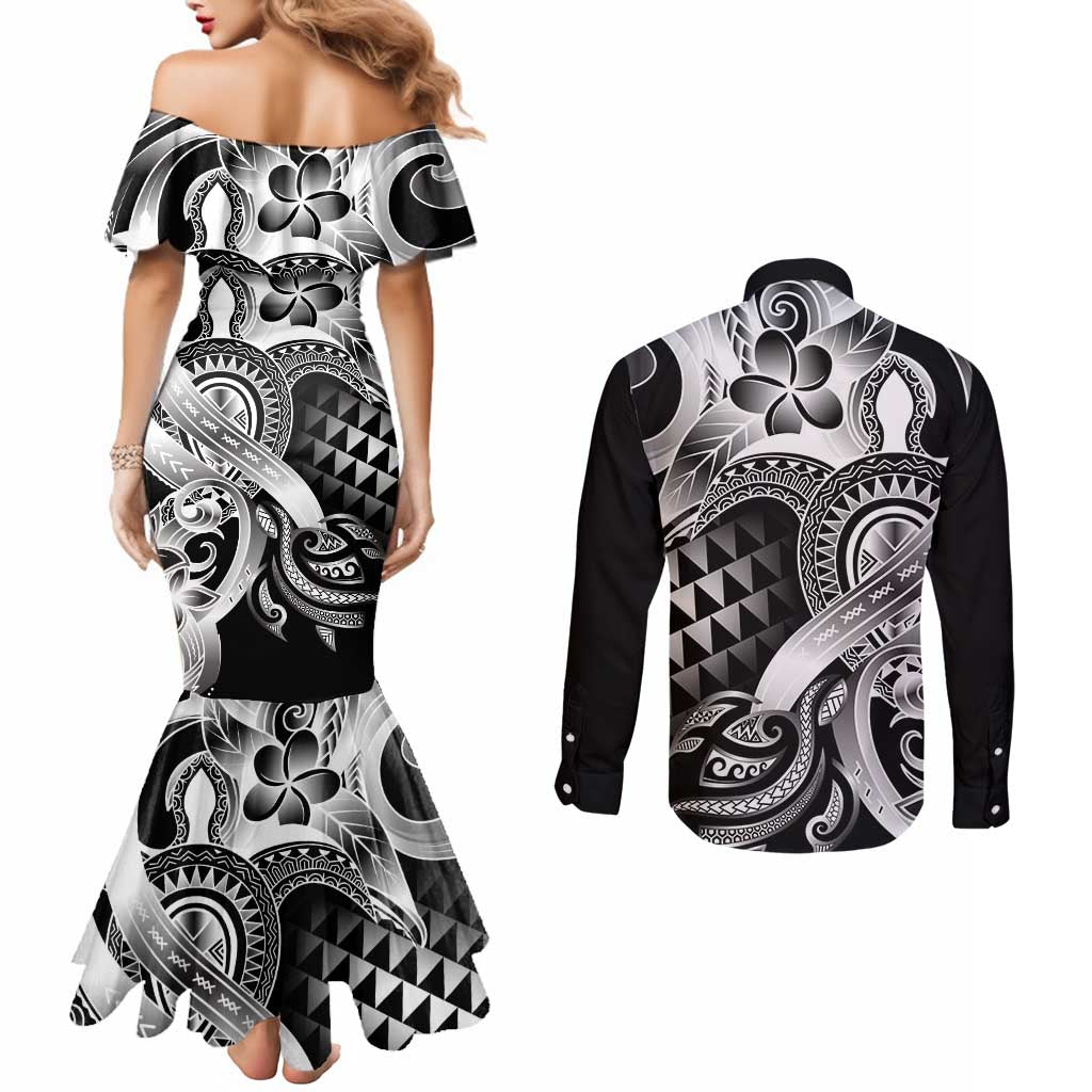 Aloha Black Tribal Honu Tattoo Couples Matching Mermaid Dress and Long Sleeve Button Shirt