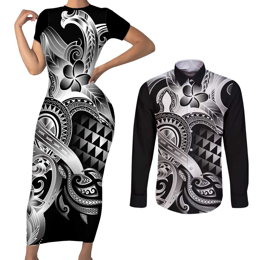 Aloha Black Tribal Honu Tattoo Couples Matching Short Sleeve Bodycon Dress and Long Sleeve Button Shirt