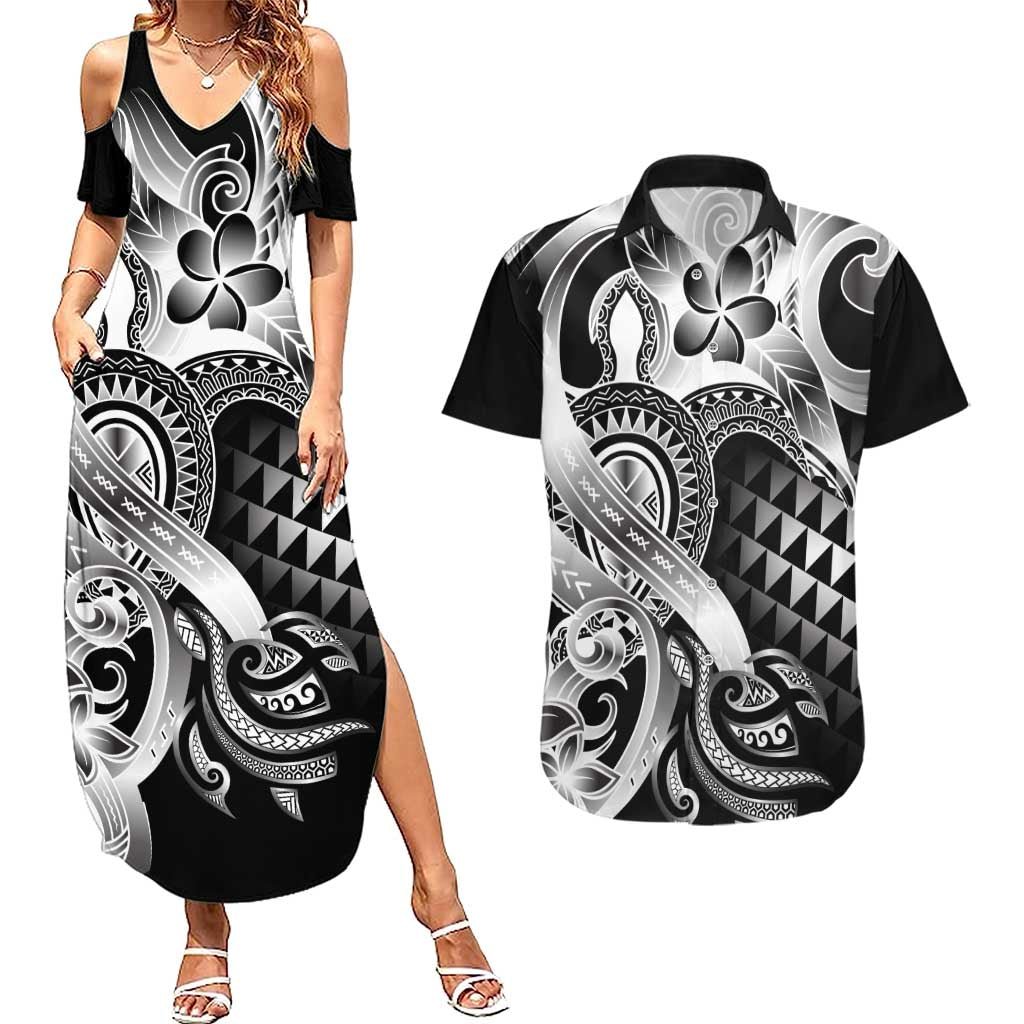 Aloha Black Tribal Honu Tattoo Couples Matching Summer Maxi Dress and Hawaiian Shirt