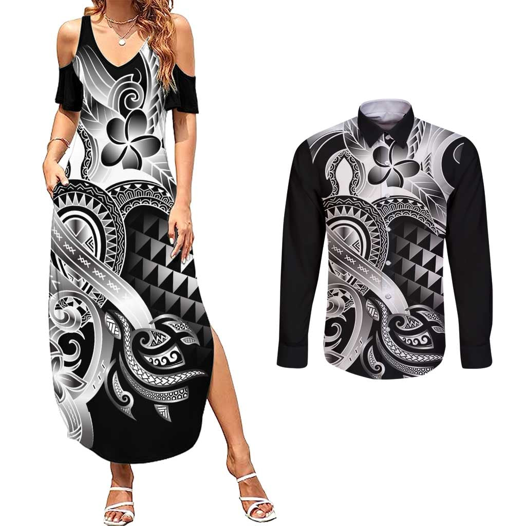 Aloha Black Tribal Honu Tattoo Couples Matching Summer Maxi Dress and Long Sleeve Button Shirt