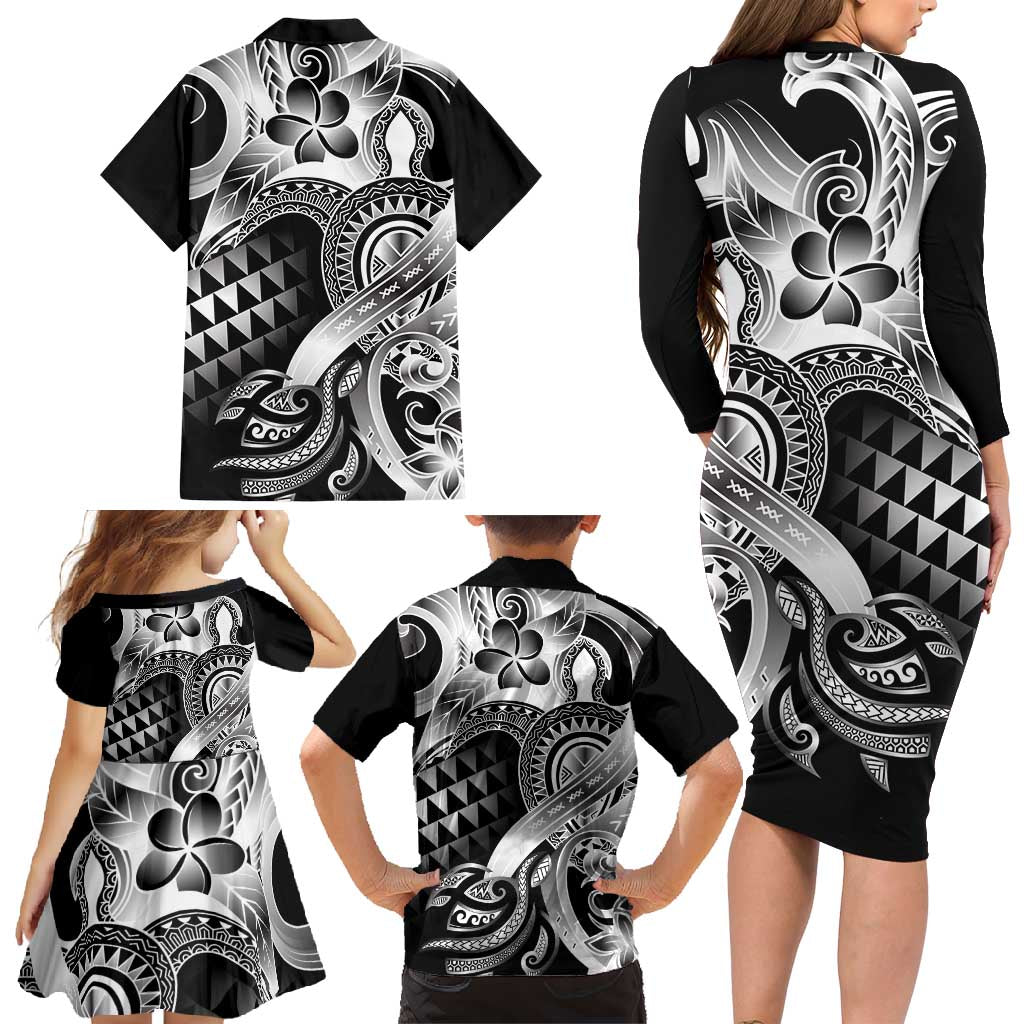 Aloha Black Tribal Honu Tattoo Family Matching Long Sleeve Bodycon Dress and Hawaiian Shirt