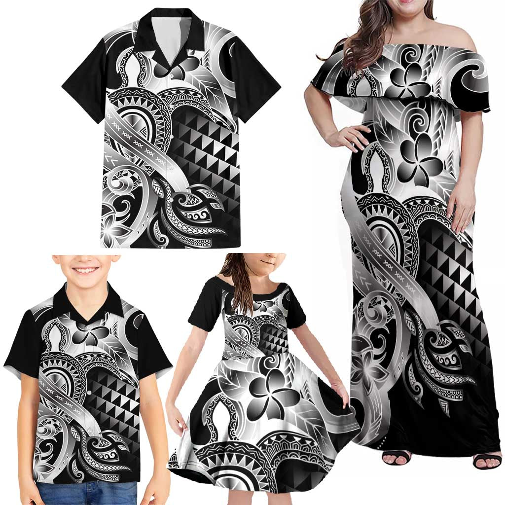 Aloha Black Tribal Honu Tattoo Family Matching Off Shoulder Maxi Dress and Hawaiian Shirt