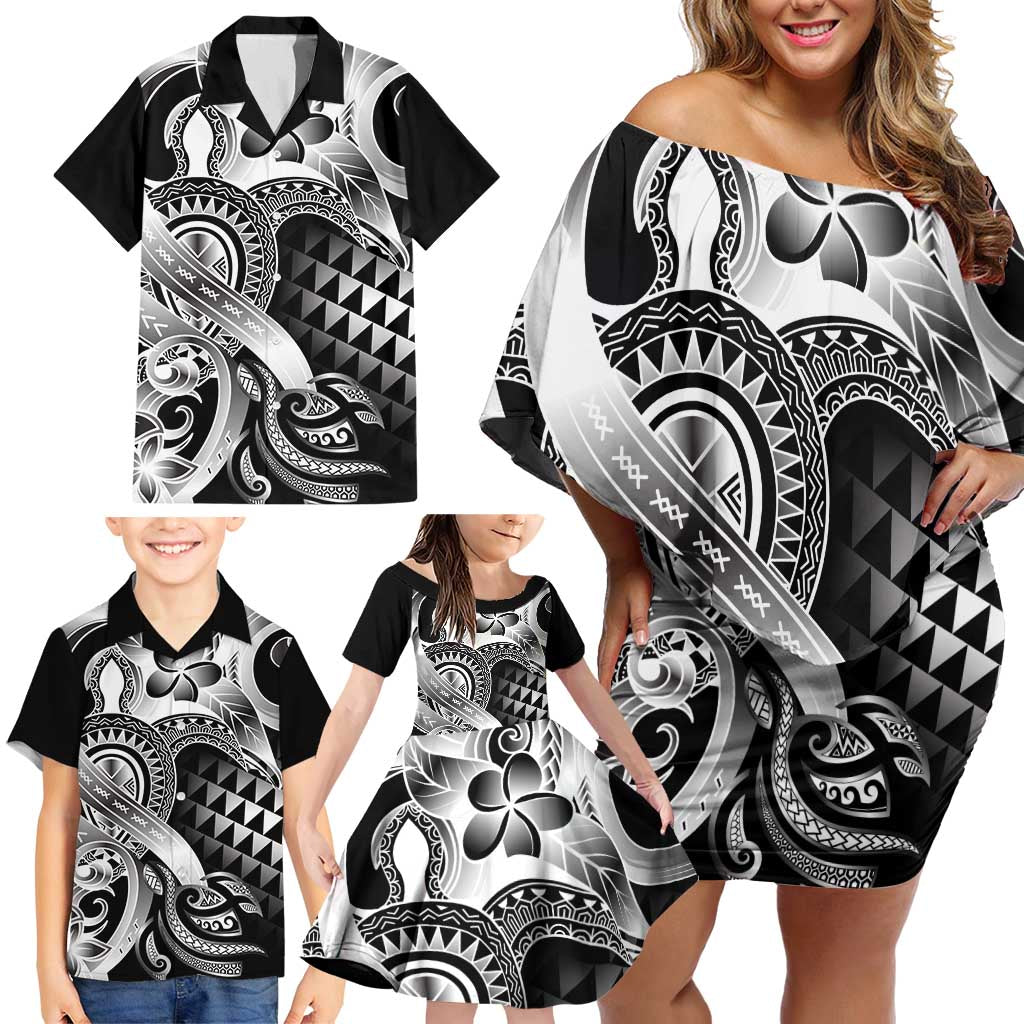 Aloha Black Tribal Honu Tattoo Family Matching Off Shoulder Short Dress and Hawaiian Shirt