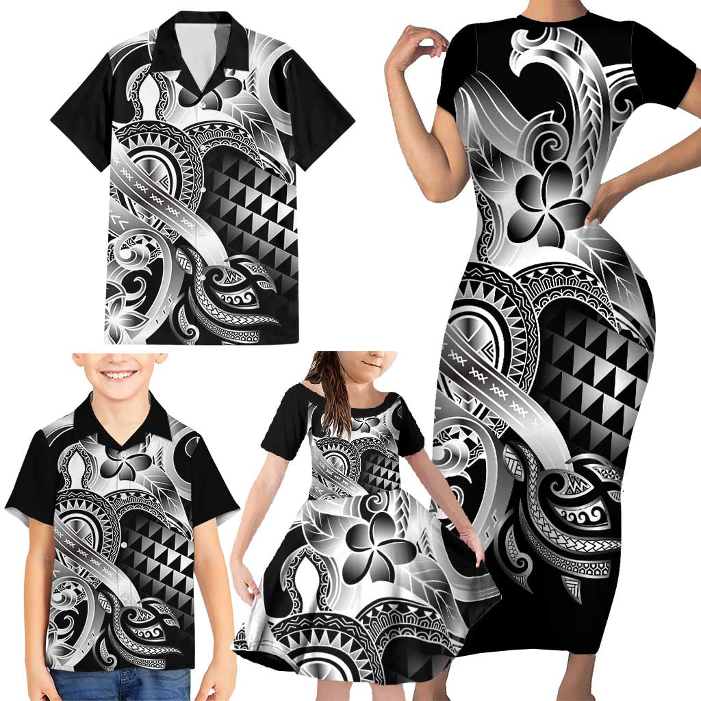 Aloha Black Tribal Honu Tattoo Family Matching Short Sleeve Bodycon Dress and Hawaiian Shirt