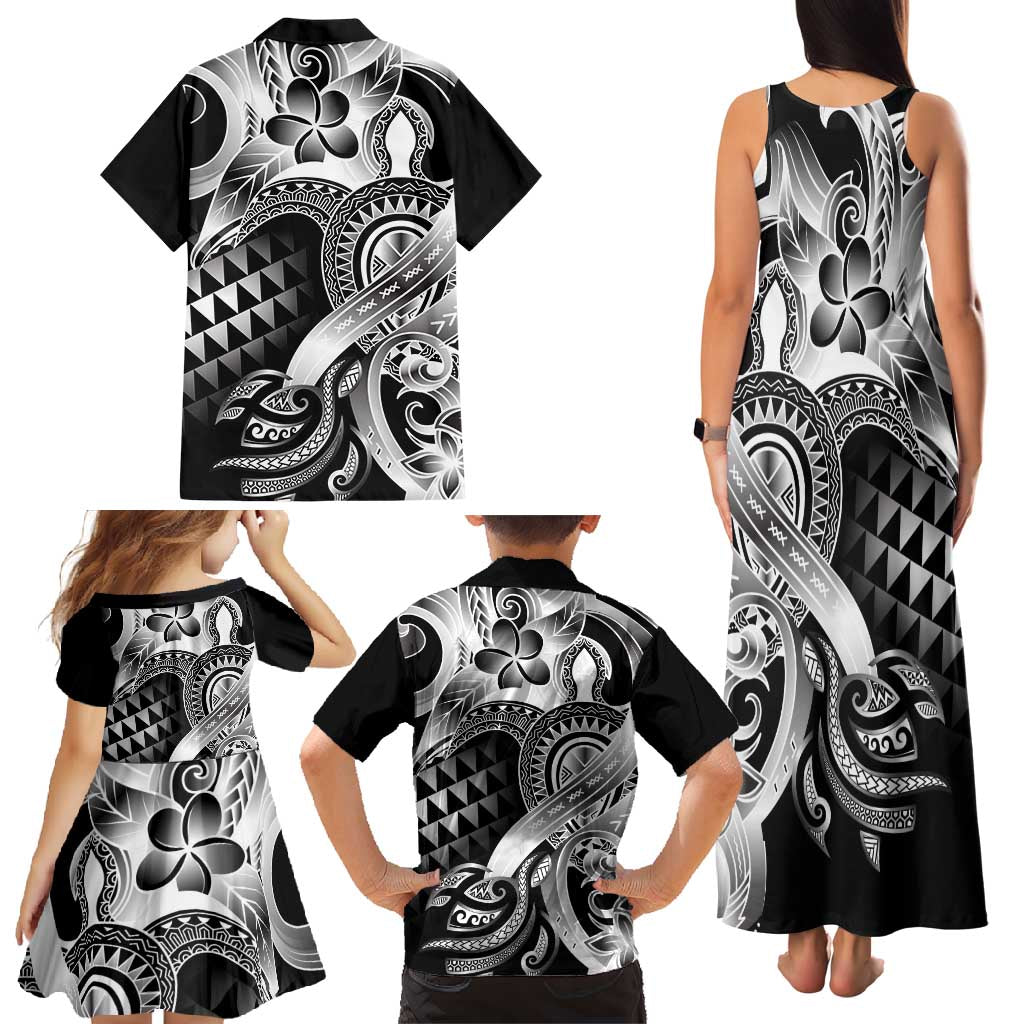 Aloha Black Tribal Honu Tattoo Family Matching Tank Maxi Dress and Hawaiian Shirt