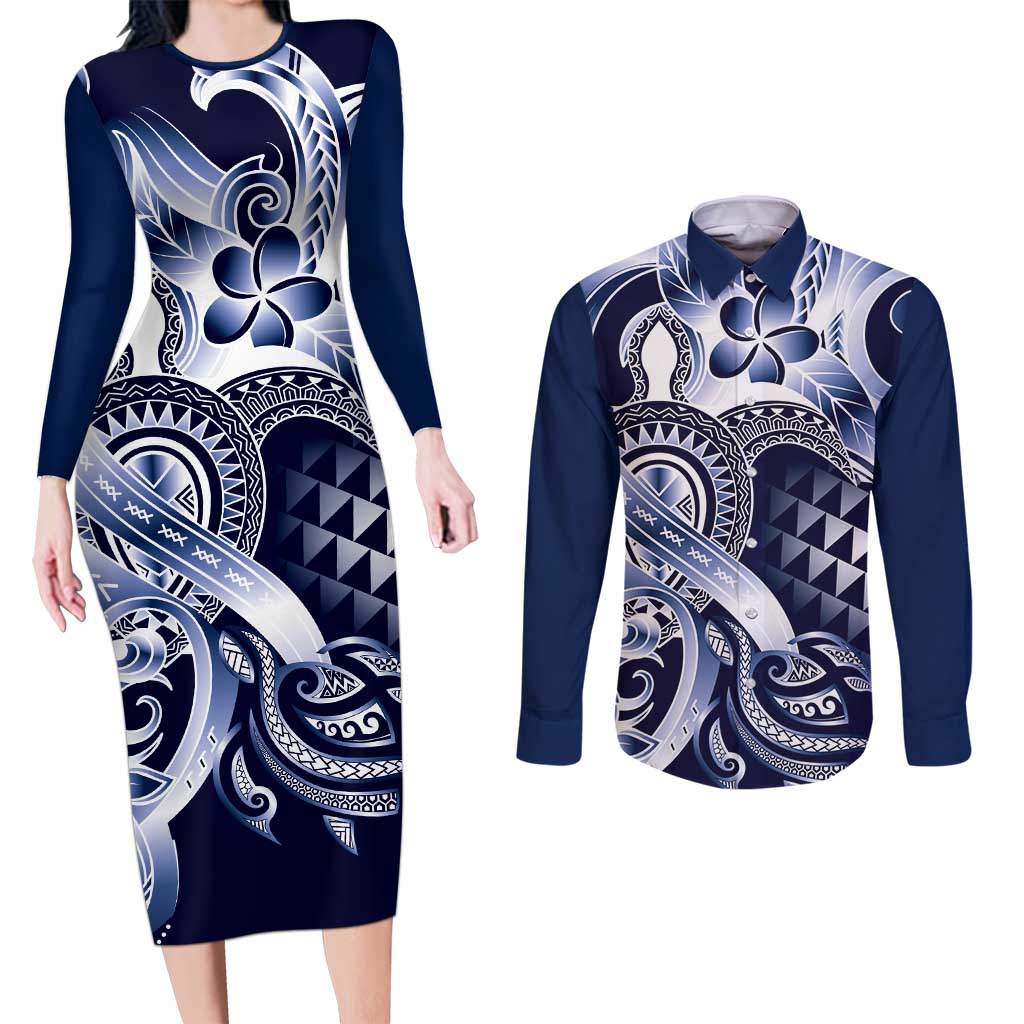 Aloha Blue Tribal Honu Tattoo Couples Matching Long Sleeve Bodycon Dress and Long Sleeve Button Shirt