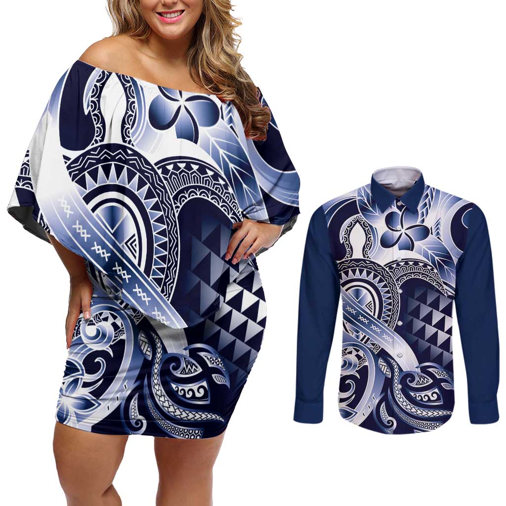 Aloha Blue Tribal Honu Tattoo Couples Matching Off Shoulder Short Dress and Long Sleeve Button Shirt