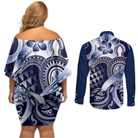 Aloha Blue Tribal Honu Tattoo Couples Matching Off Shoulder Short Dress and Long Sleeve Button Shirt