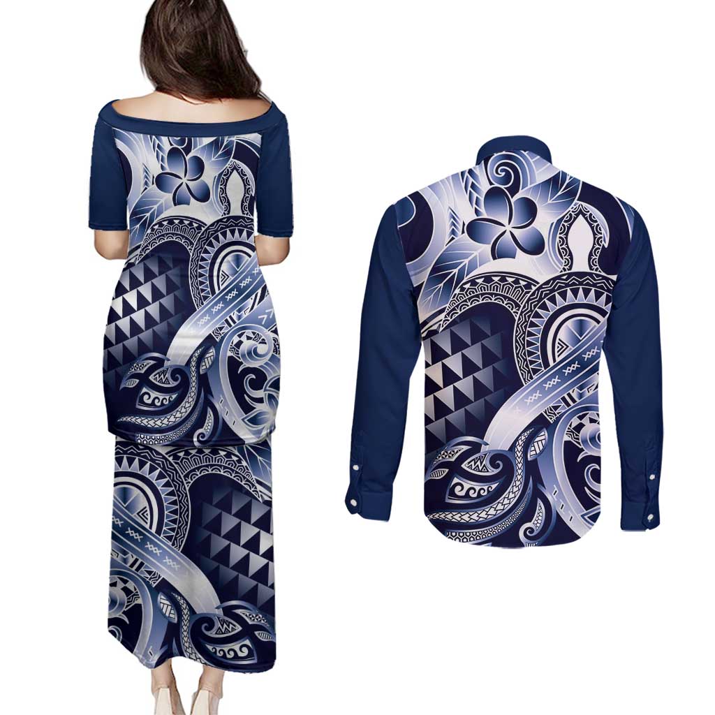Aloha Blue Tribal Honu Tattoo Couples Matching Puletasi and Long Sleeve Button Shirt