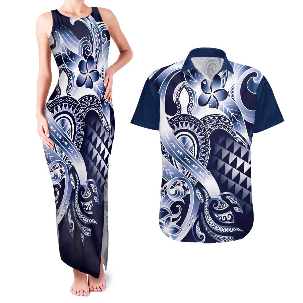 Aloha Blue Tribal Honu Tattoo Couples Matching Tank Maxi Dress and Hawaiian Shirt