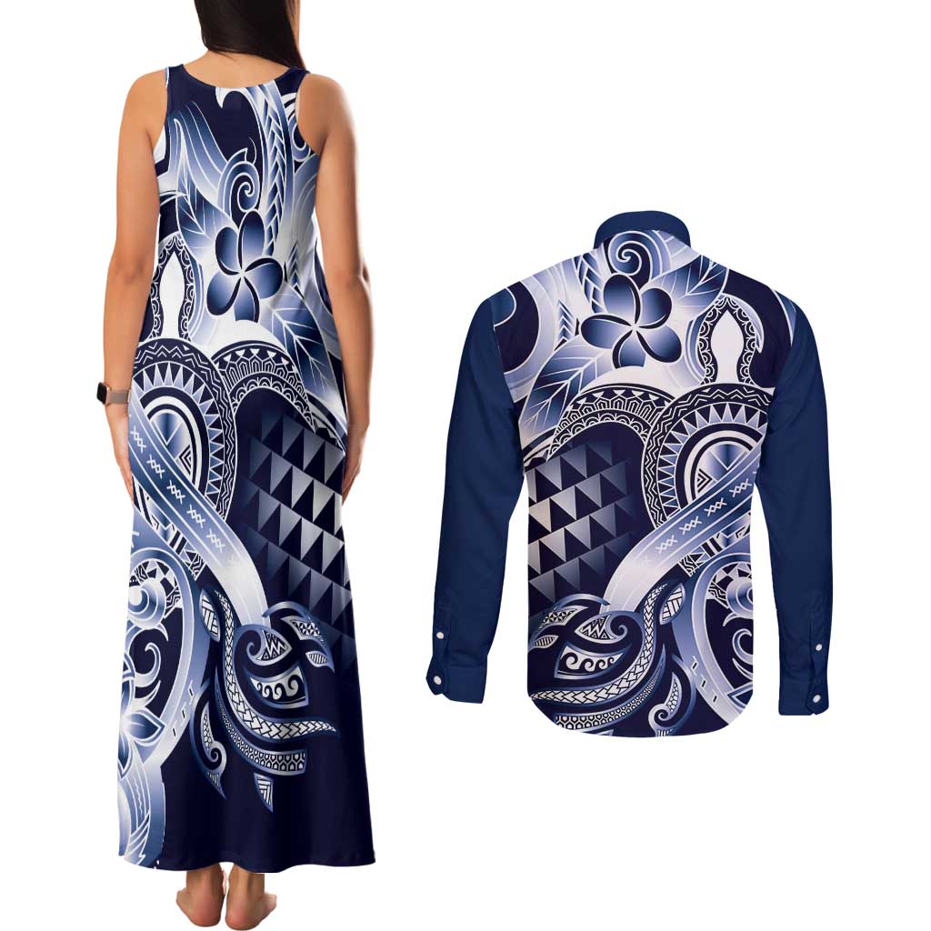 Aloha Blue Tribal Honu Tattoo Couples Matching Tank Maxi Dress and Long Sleeve Button Shirt