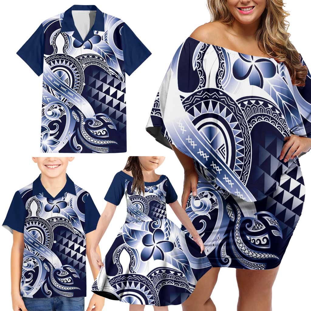 Aloha Blue Tribal Honu Tattoo Family Matching Off Shoulder Short Dress and Hawaiian Shirt