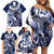 Aloha Blue Tribal Honu Tattoo Family Matching Off Shoulder Short Dress and Hawaiian Shirt