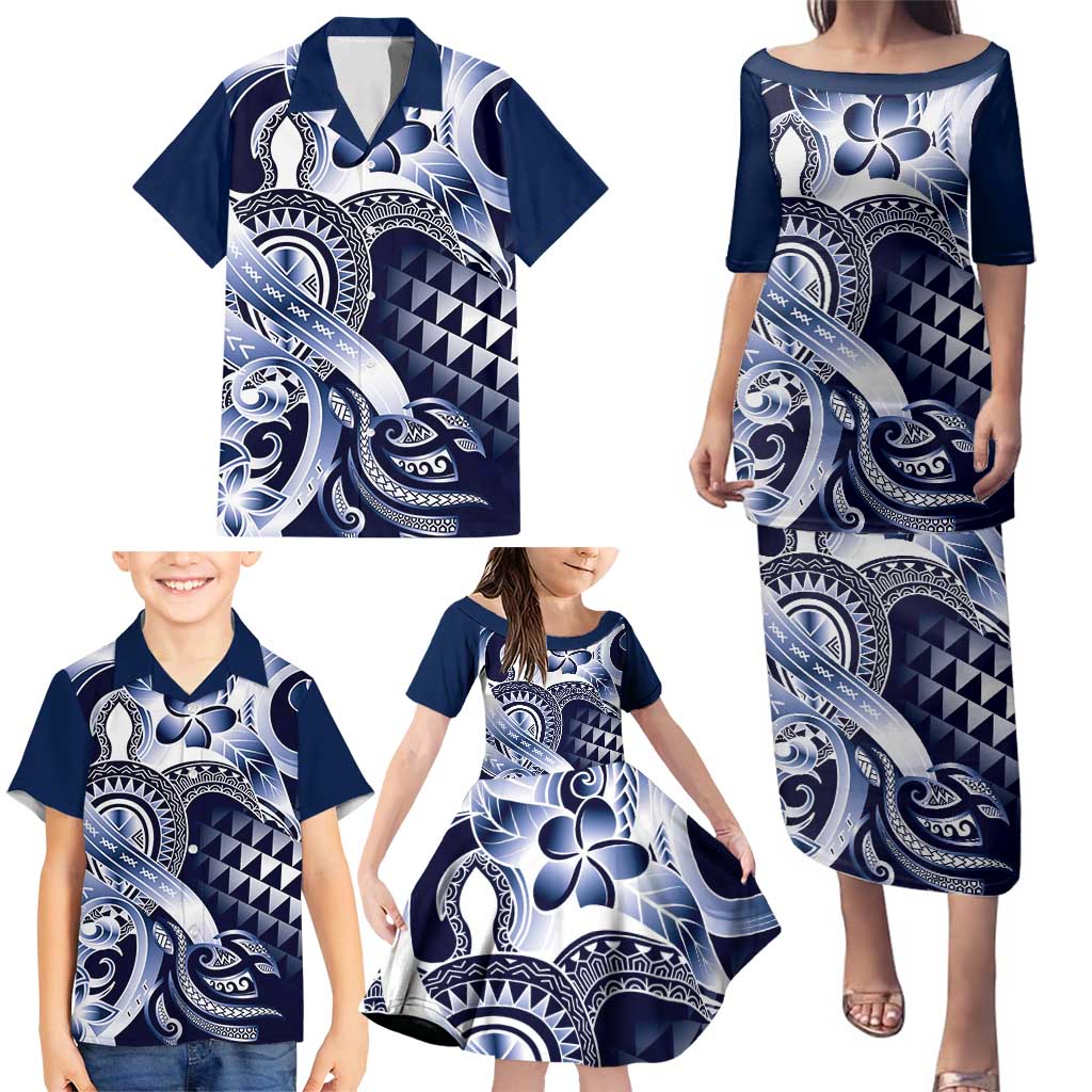 Aloha Blue Tribal Honu Tattoo Family Matching Puletasi and Hawaiian Shirt